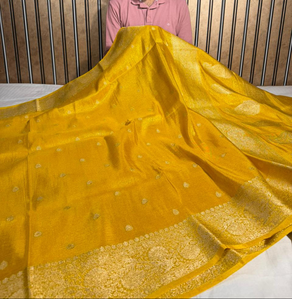Mustard yellow breathable Katan tissue silk Banarasi saree