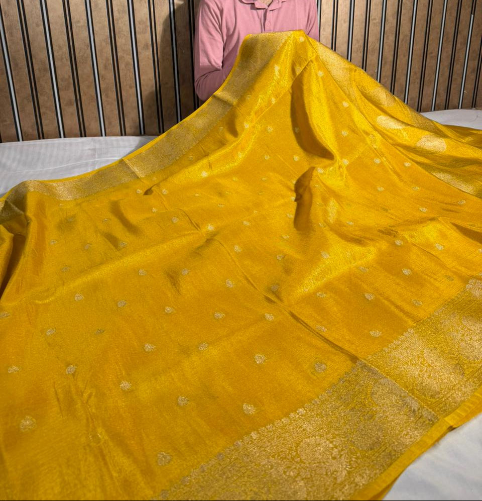 Mustard yellow breathable Katan tissue silk Banarasi saree