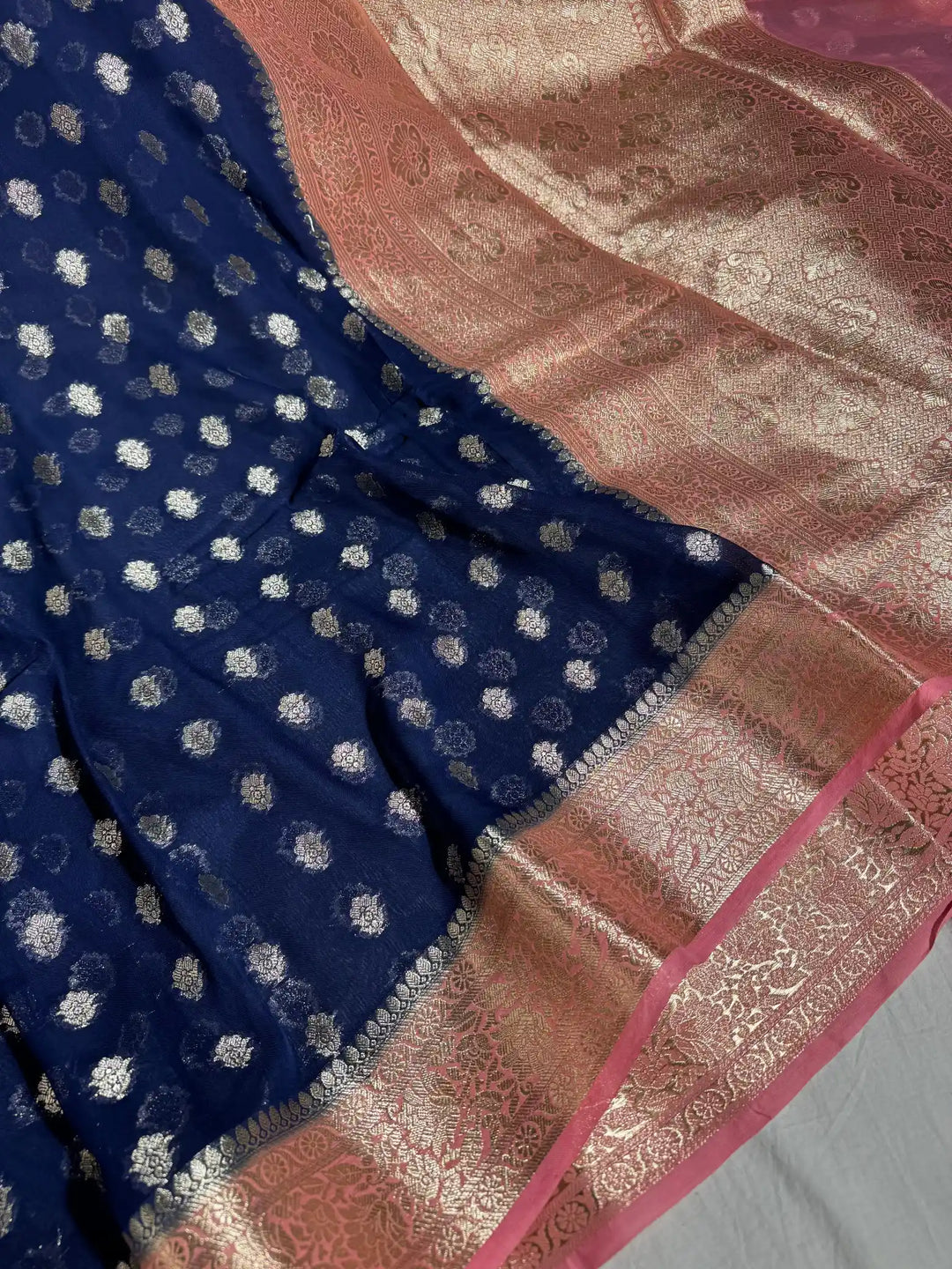 Navy Blue Banarasi Khaddi Shiffon Silk Saree with rich pallu and blouse