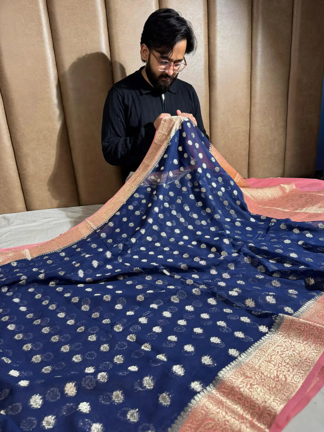 Navy Blue Banarasi Khaddi Shiffon Silk Saree with rich pallu and blouse
