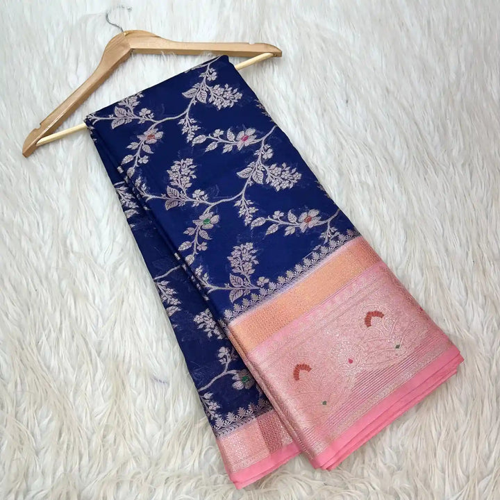 Navy Blue Chinia Silk Banarasi Saree