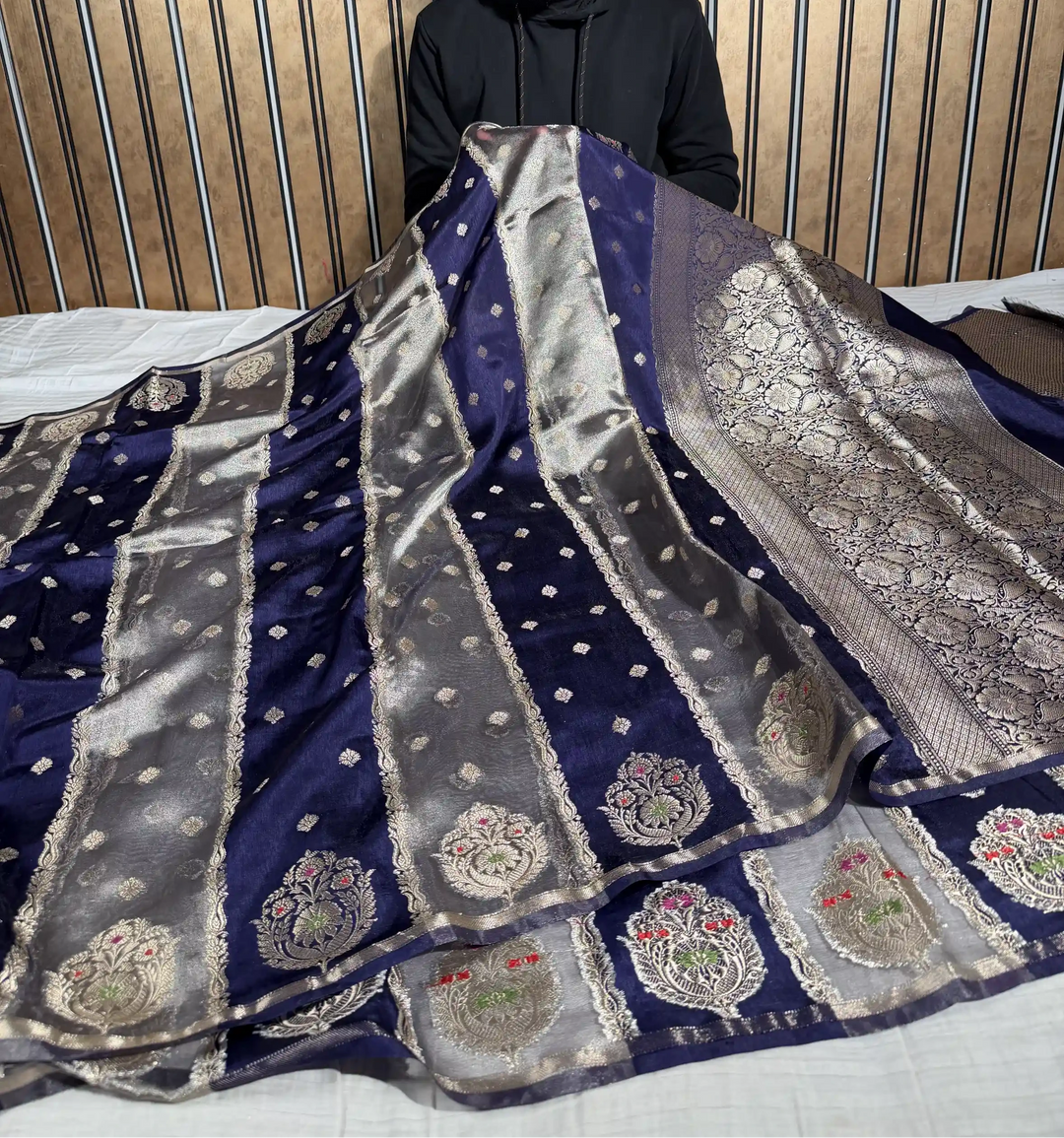 Navy Blue Chinia Tissue Silk Heritage Weave Banarasi Saree
