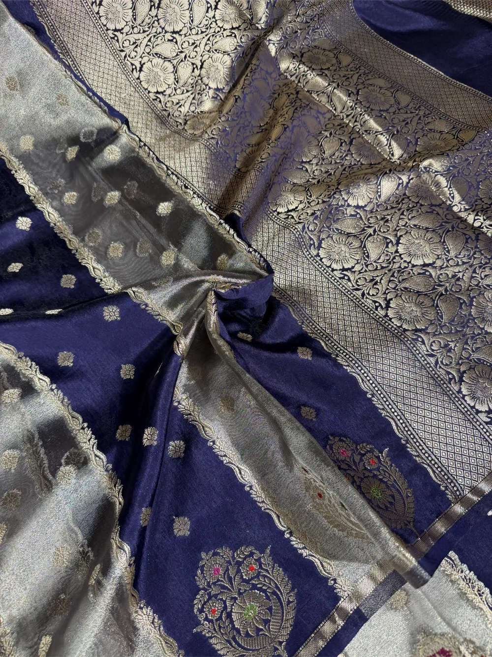 Navy Blue Chinia Tissue Silk Heritage Weave Banarasi Saree
