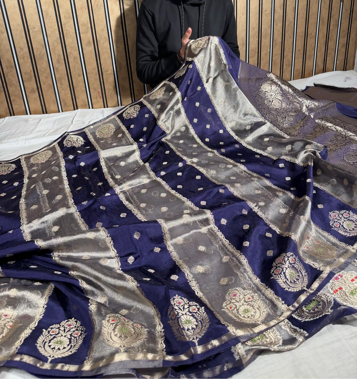 Navy Blue Chinia Tissue Silk Heritage Weave Banarasi Saree