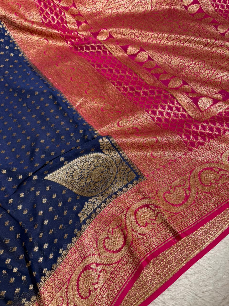 Navy Blue Contrast Pure Crepe Georgette Silk Heritage Antique Zari Weave Banarasi Sare