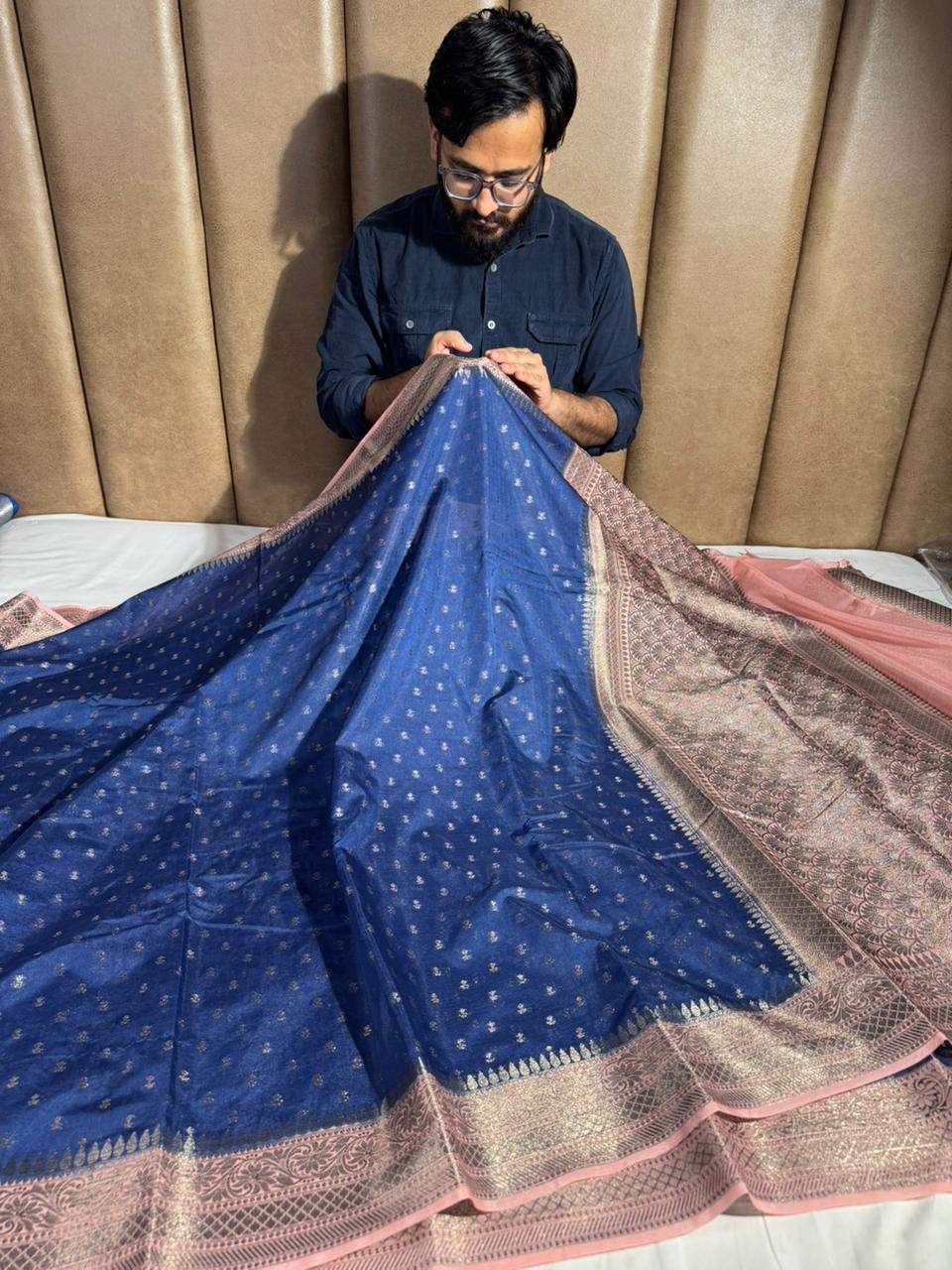 Navy Blue Georgette Silk Khaddi Buti Banarasi saree