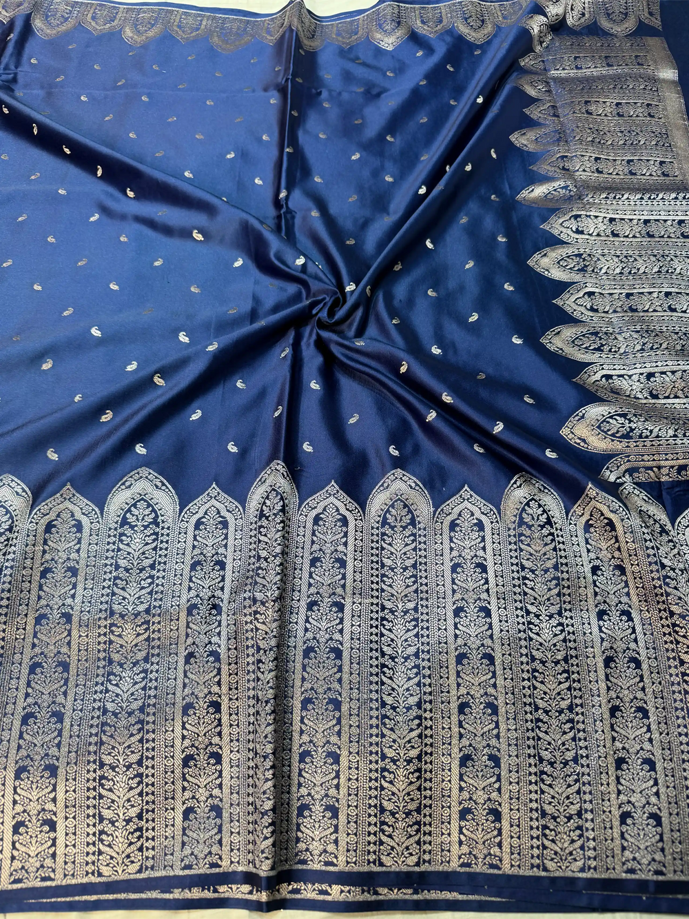 Navy Blue Heritage Mashru Katan Banarasi Saree