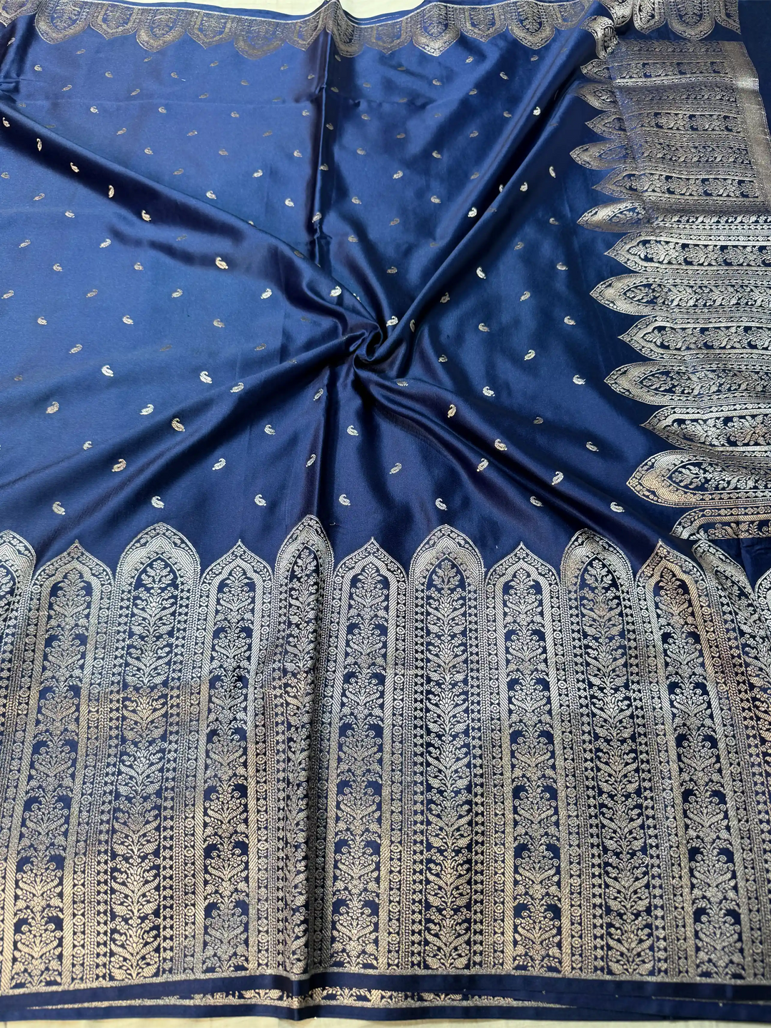 Navy Blue Heritage Mashru Katan Banarasi Saree