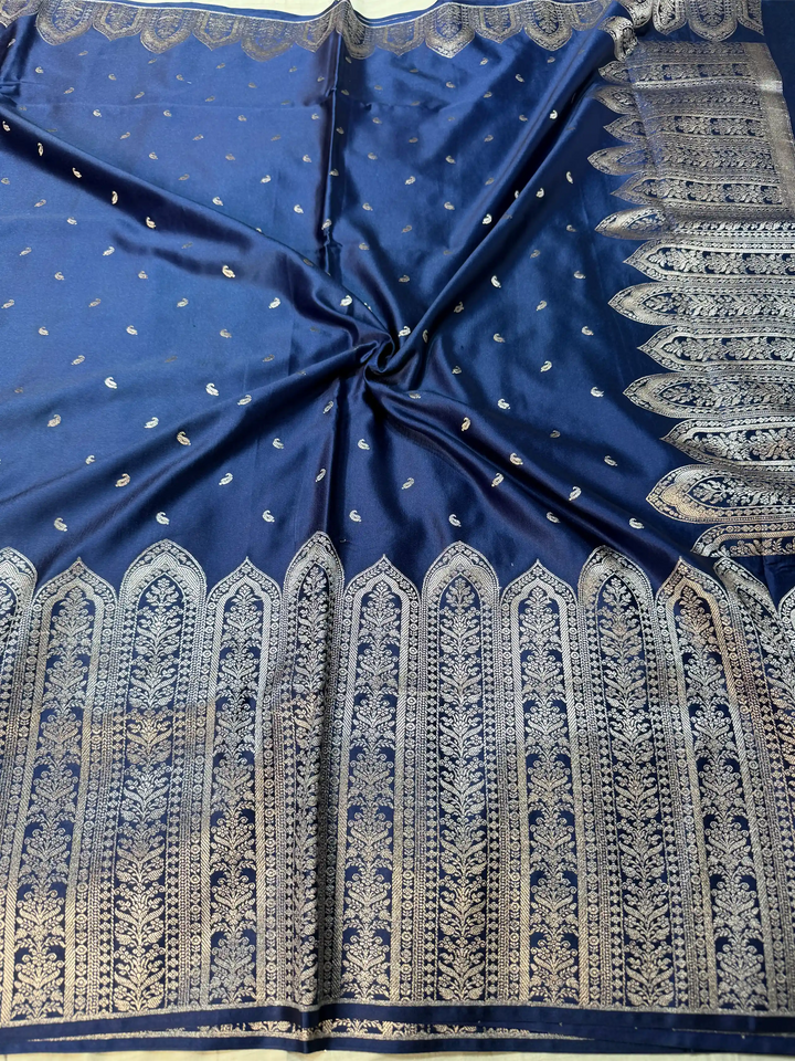 Navy Blue Heritage Mashru Katan Banarasi Saree