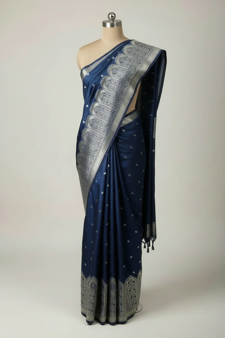 Navy Blue Heritage Mashru Katan Banarasi Saree