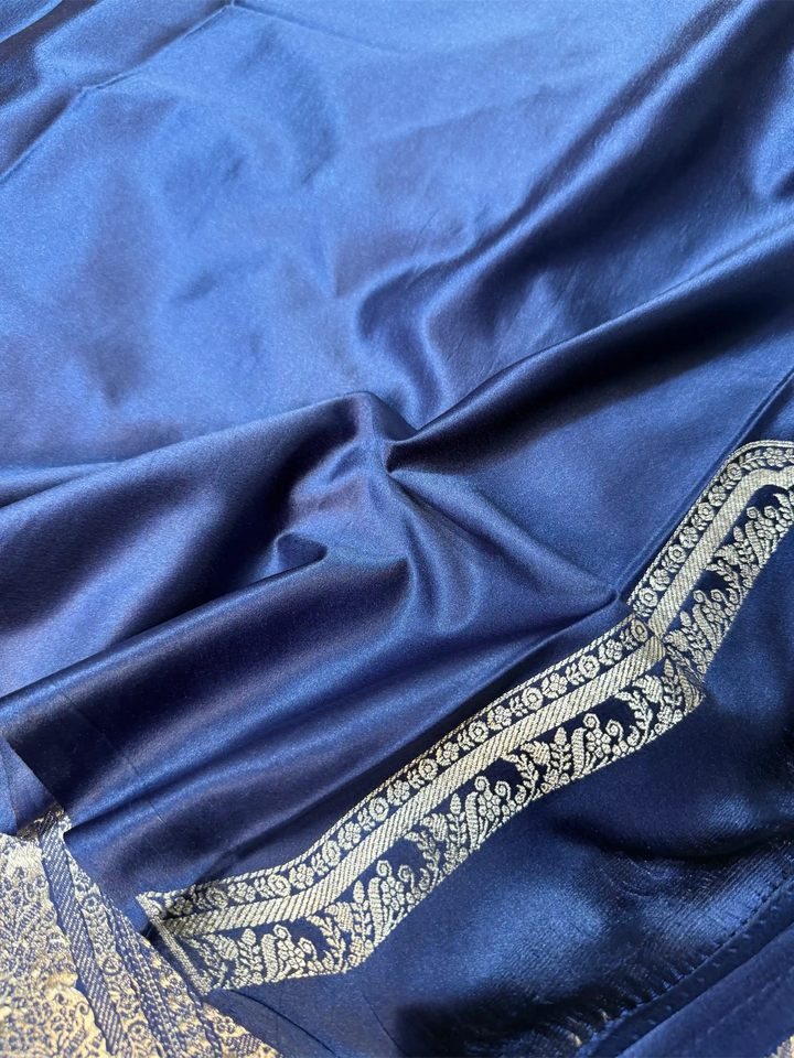 Navy Blue Heritage Mashru Katan Banarasi Saree