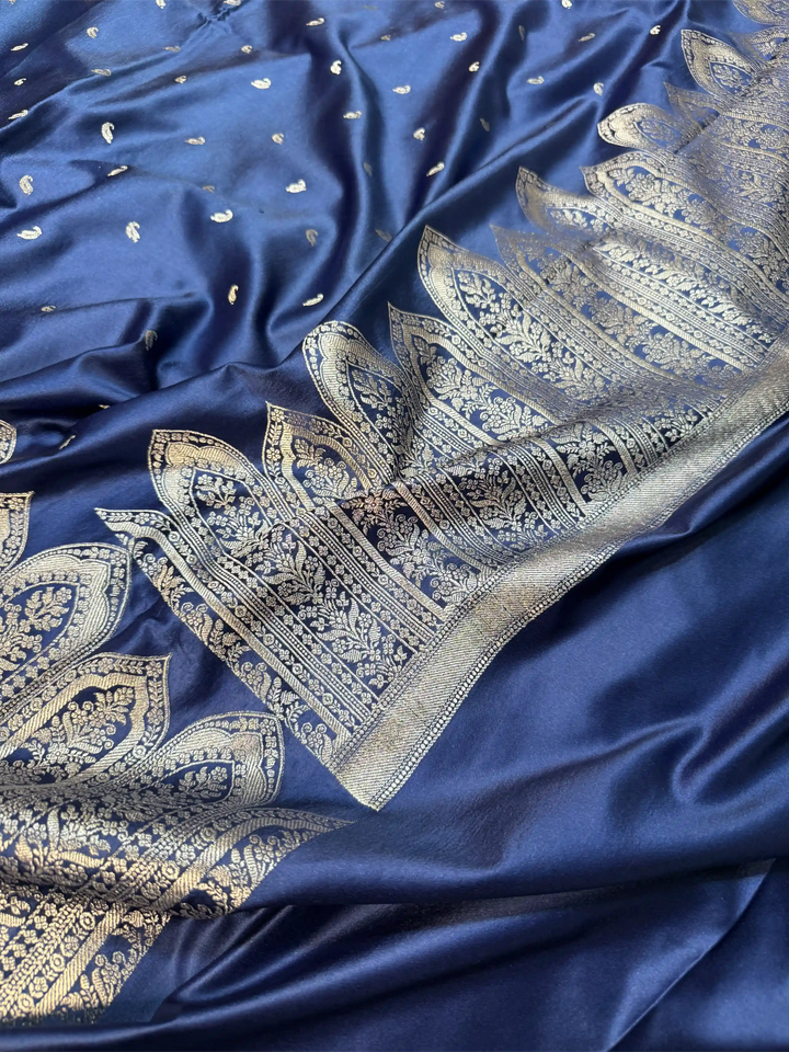 Navy Blue Heritage Mashru Katan Banarasi Saree