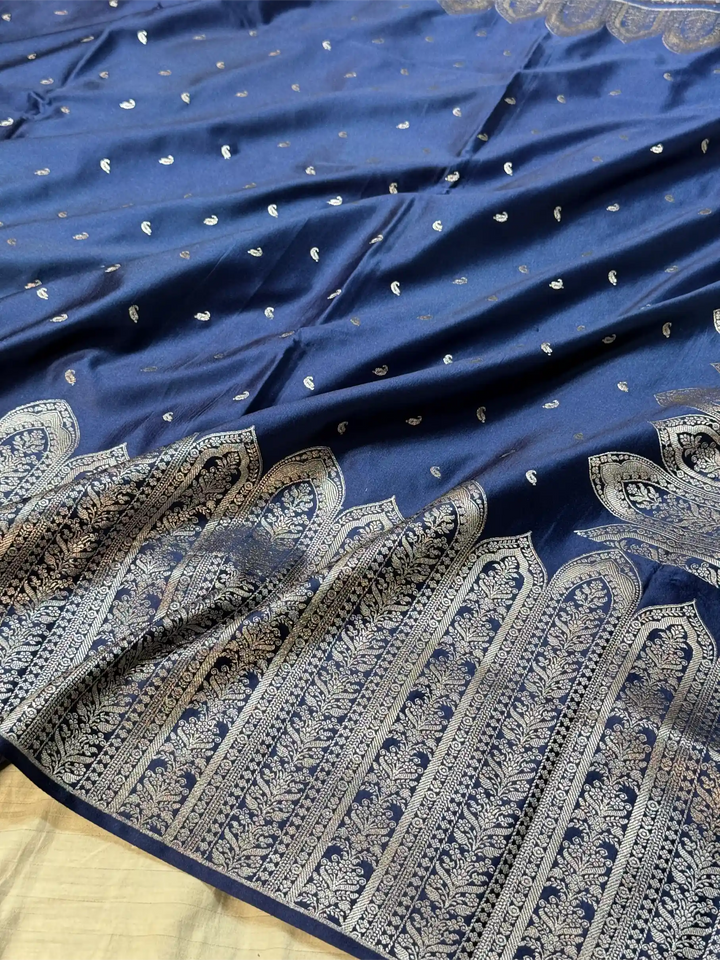 Navy Blue Heritage Mashru Katan Banarasi Saree