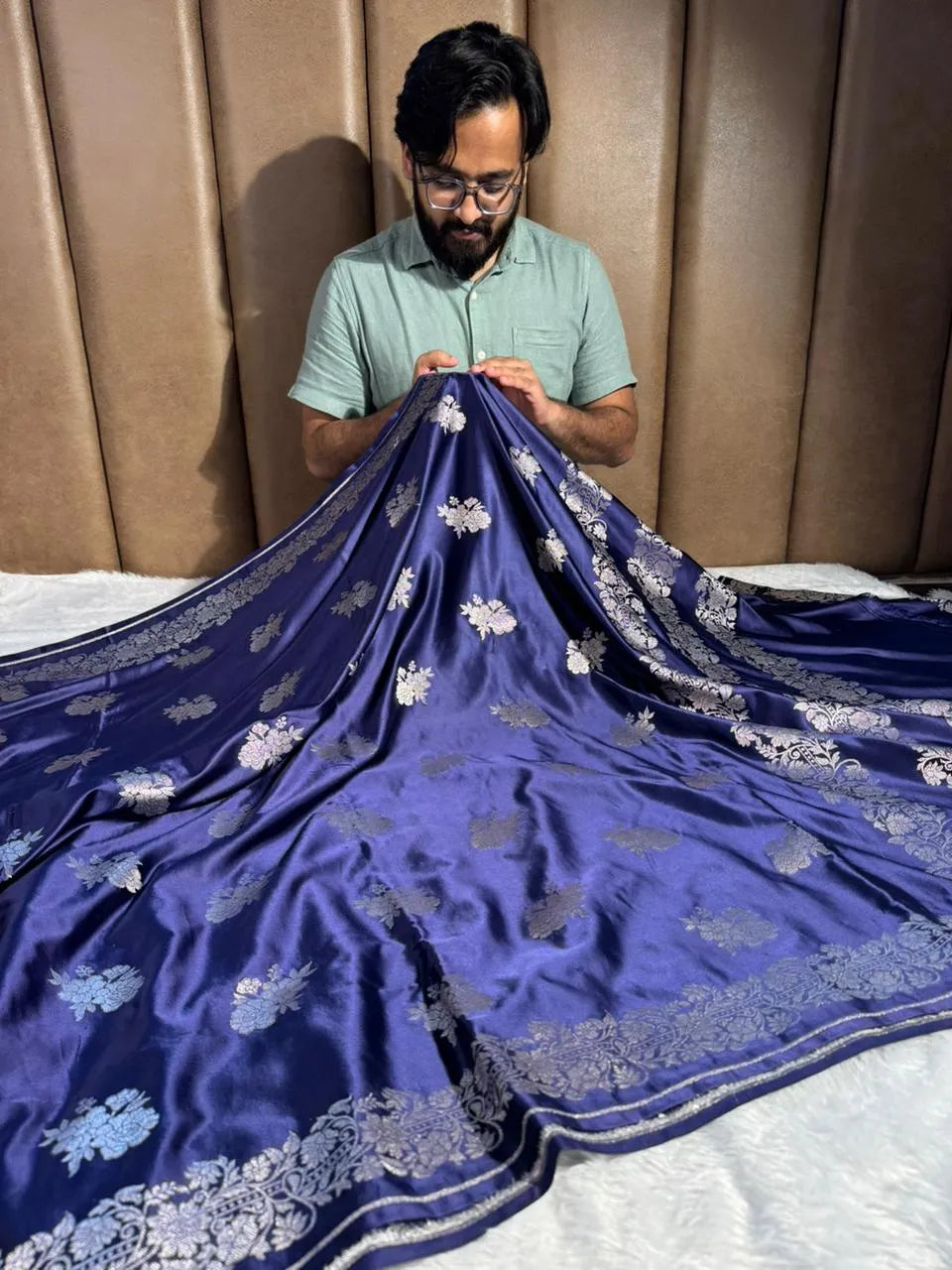Navy Blue Mashru Katan Silk Banarasi Saree with Rich pallu and blouse