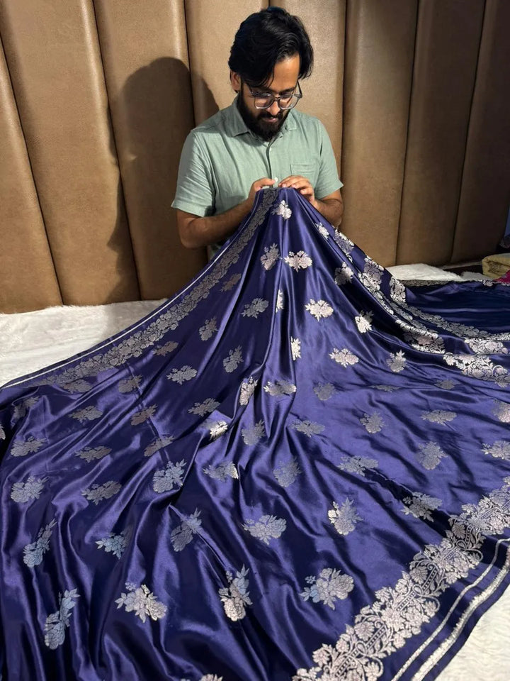 Navy Blue Mashru Katan Silk Banarasi Saree with Rich pallu and blouse