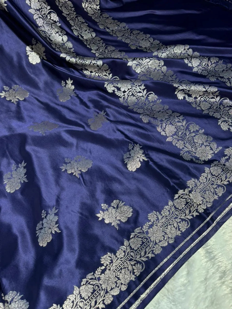 Navy Blue Mashru Katan Silk Banarasi Saree with Rich pallu and blouse