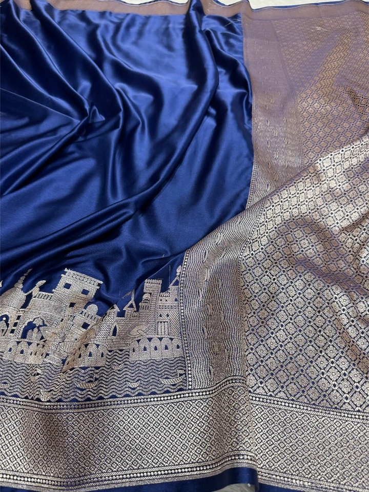 Navy Blue Mashru Katan Silk Ghats Banarasi Saree