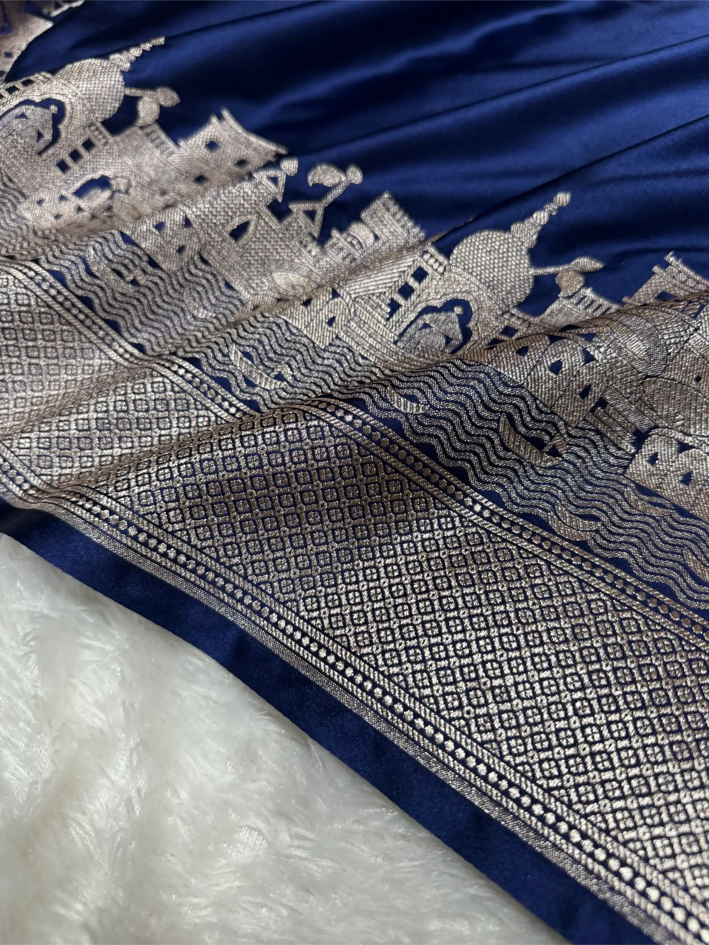 Navy Blue Mashru Katan Silk Ghats Banarasi Saree