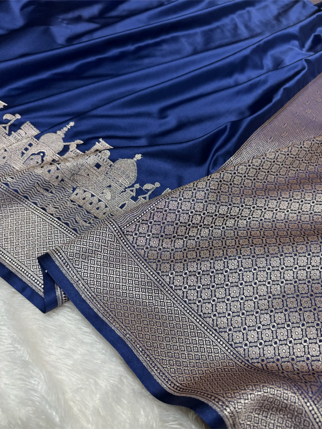 Navy Blue Mashru Katan Silk Ghats Banarasi Saree