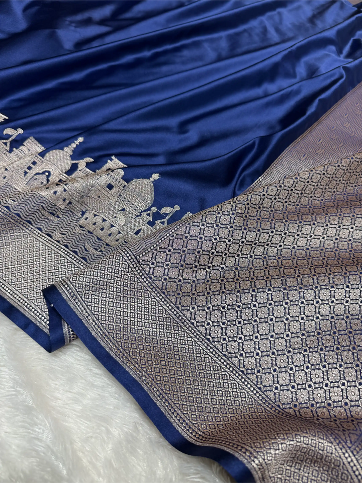 Navy Blue Mashru Katan Silk Ghats Banarasi Saree