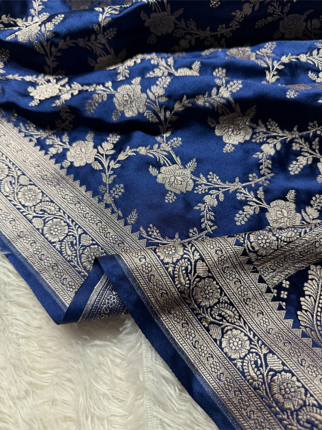 Navy Blue Mashru Katan Silk Heritage Jaal Weave Banarasi Saree