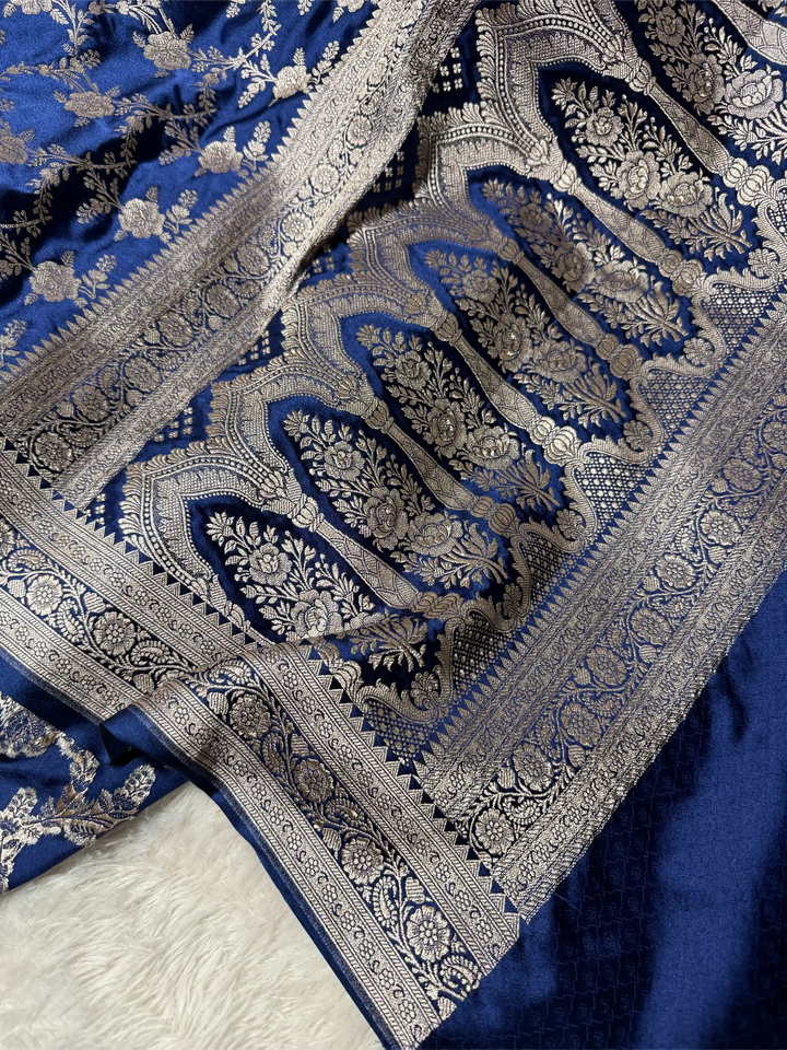 Navy Blue Mashru Katan Silk Heritage Jaal Weave Banarasi Saree