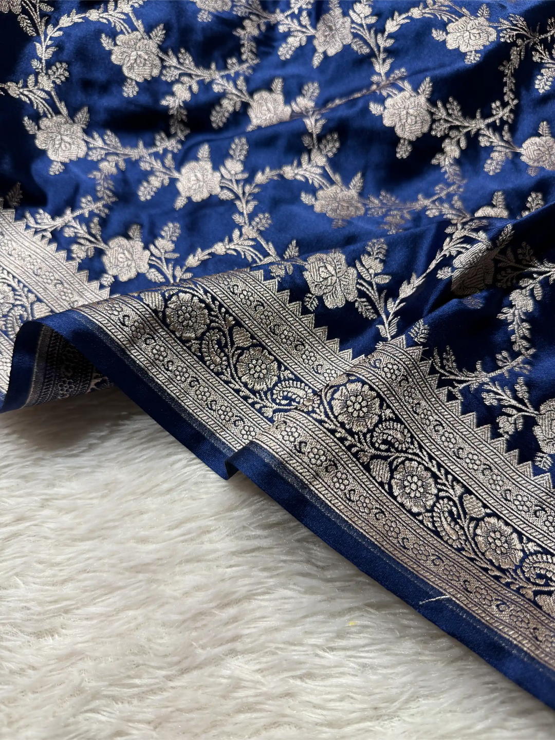 Navy Blue Mashru Katan Silk Heritage Jaal Weave Banarasi Saree