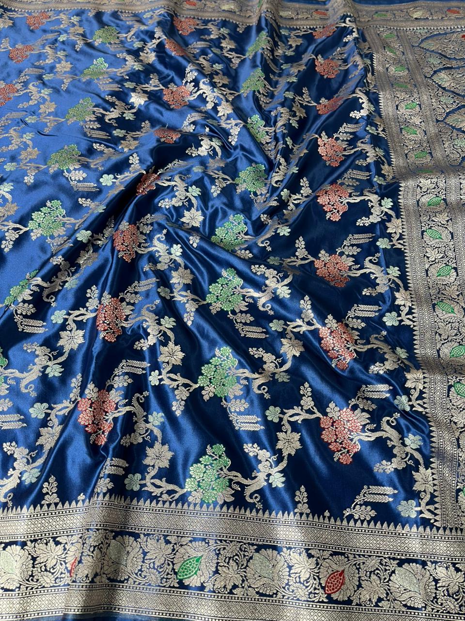 Navy Blue Mashru Katan Silk Intricate Meenakari Banarasi Saree