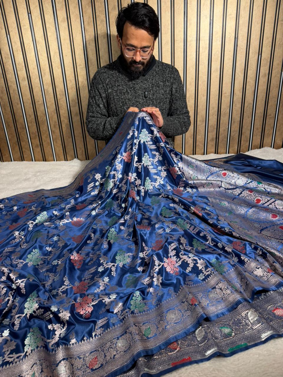 Navy Blue Mashru Katan Silk Intricate Meenakari Banarasi Saree