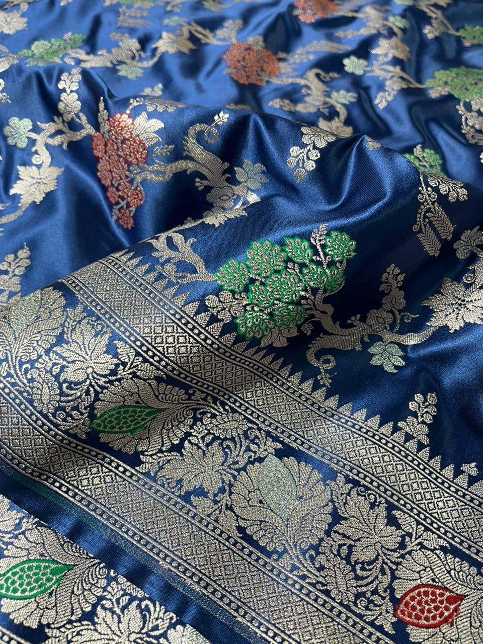 Navy Blue Mashru Katan Silk Intricate Meenakari Banarasi Saree