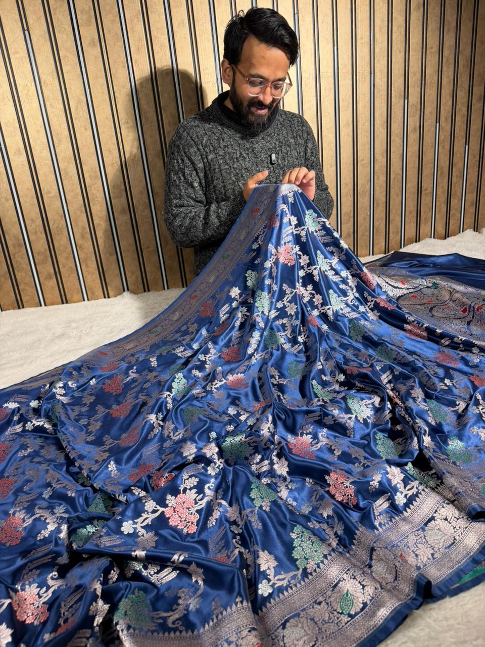 Navy Blue Mashru Katan Silk Intricate Meenakari Banarasi Saree