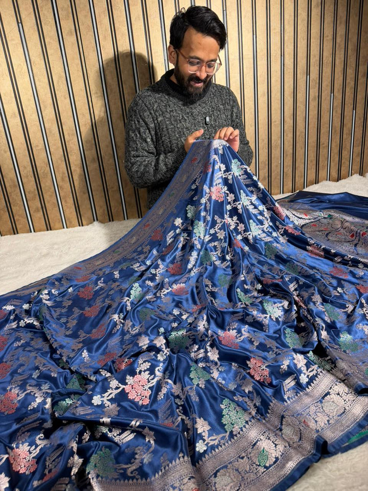 Navy Blue Mashru Katan Silk Intricate Meenakari Banarasi Saree