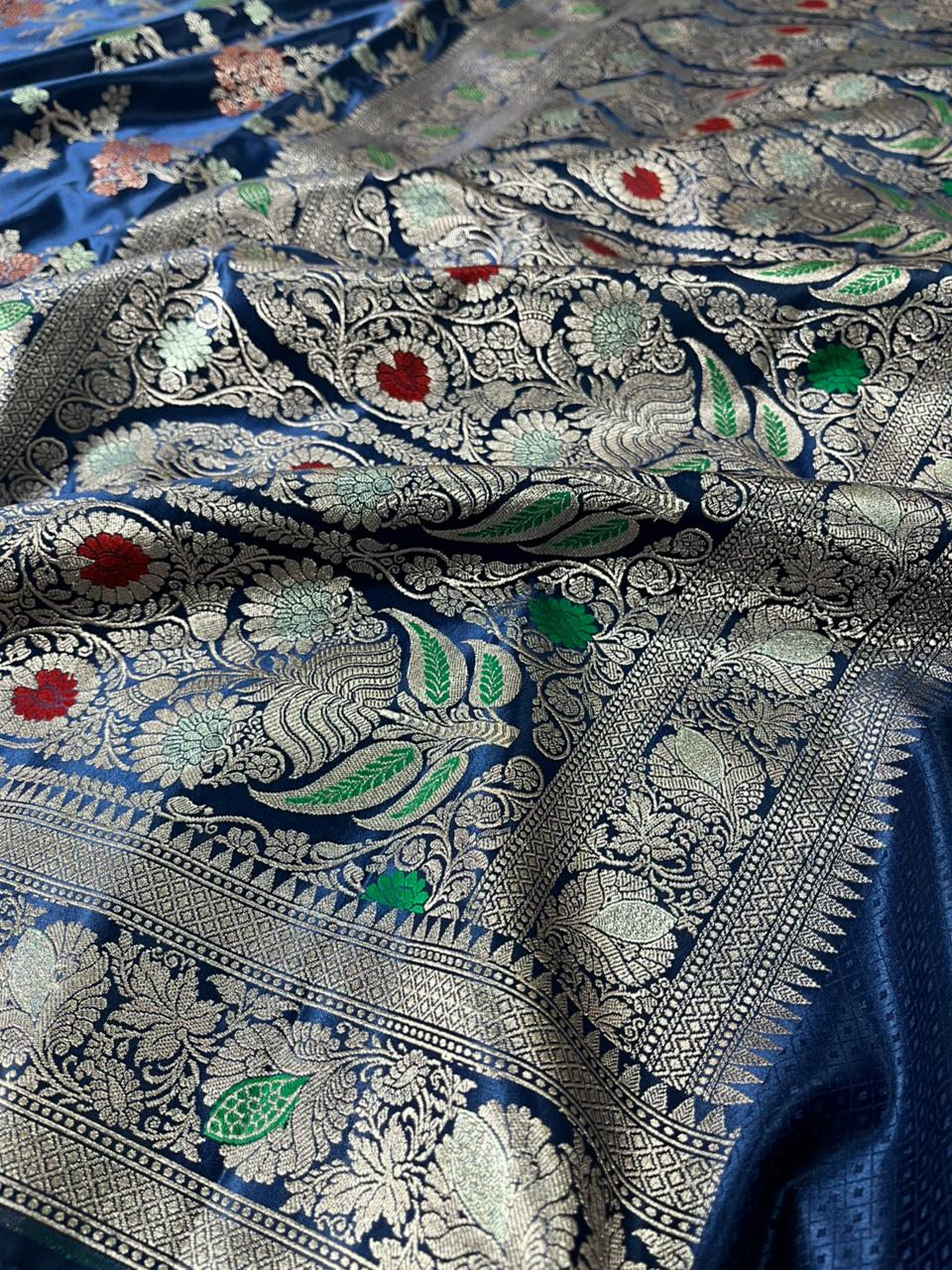 Navy Blue Mashru Katan Silk Intricate Meenakari Banarasi Saree