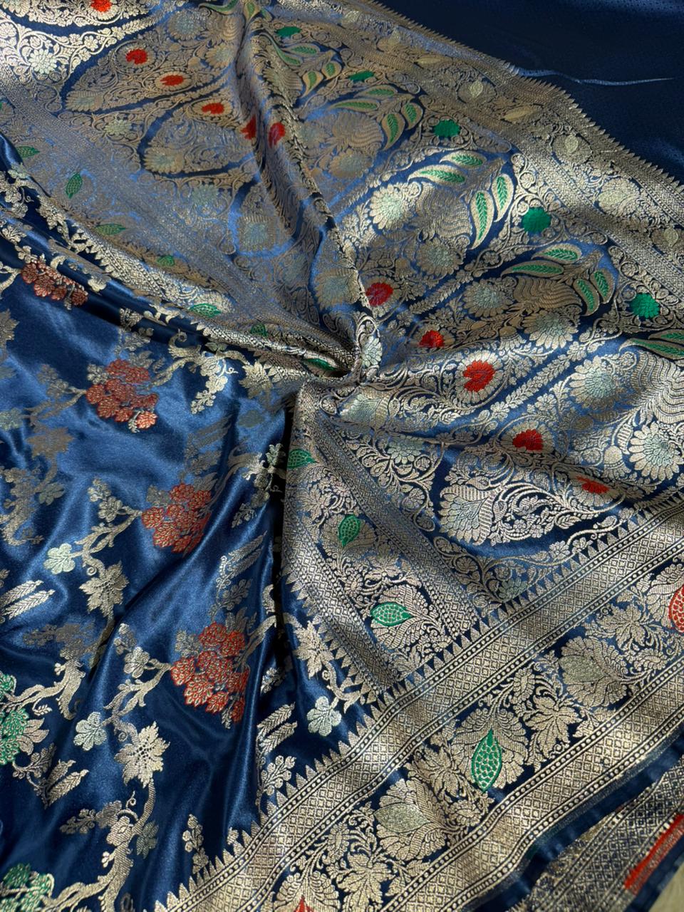 Navy Blue Mashru Katan Silk Intricate Meenakari Banarasi Saree