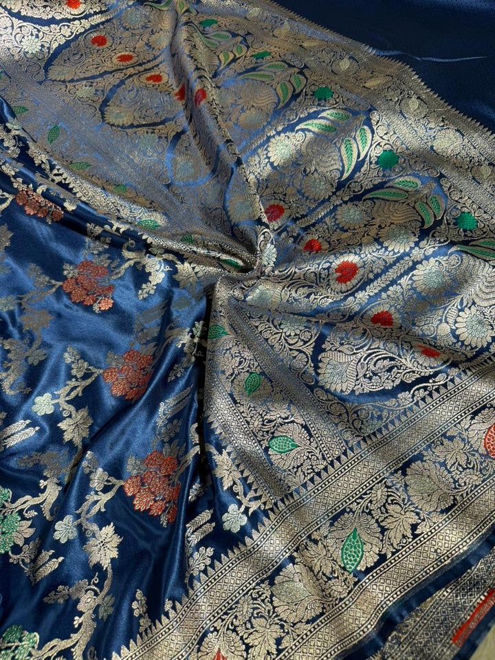 Navy Blue Mashru Katan Silk Intricate Meenakari Banarasi Saree