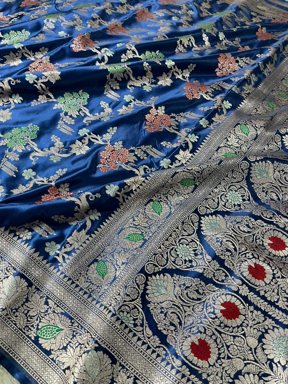 Navy Blue Mashru Katan Silk Intricate Meenakari Banarasi Saree