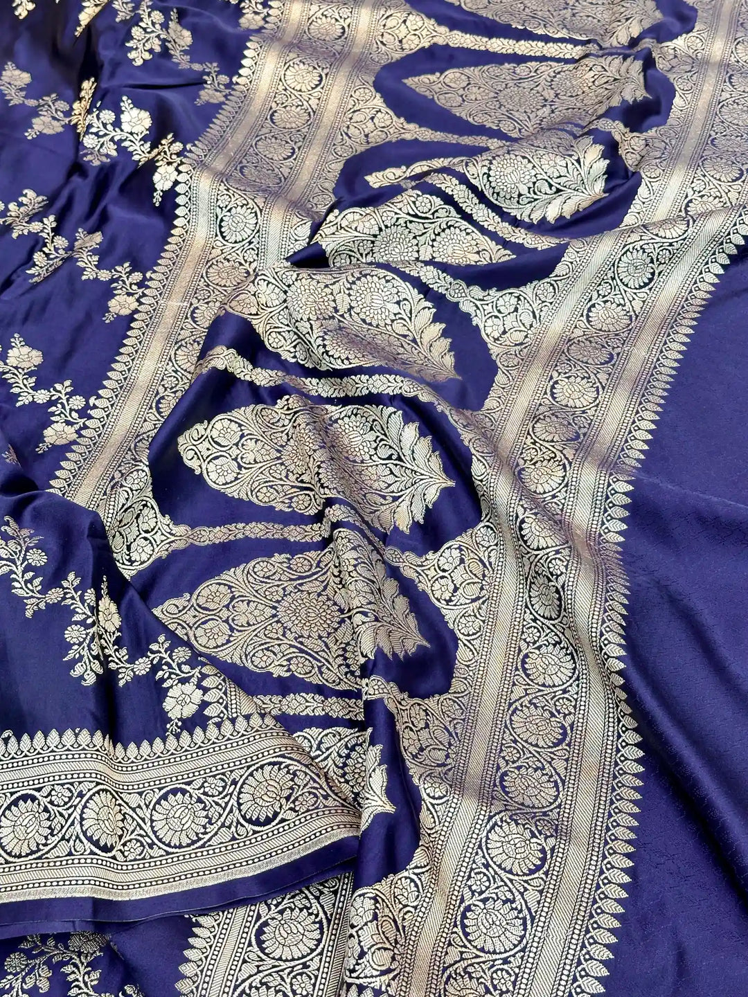 Navy Blue Mashru Katan Silk Leheriya Weave Banarasi Saree