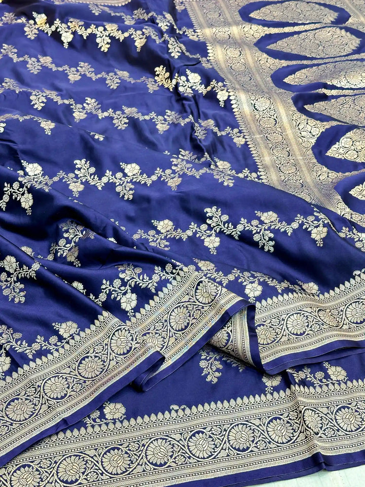 Navy Blue Mashru Katan Silk Leheriya Weave Banarasi Saree