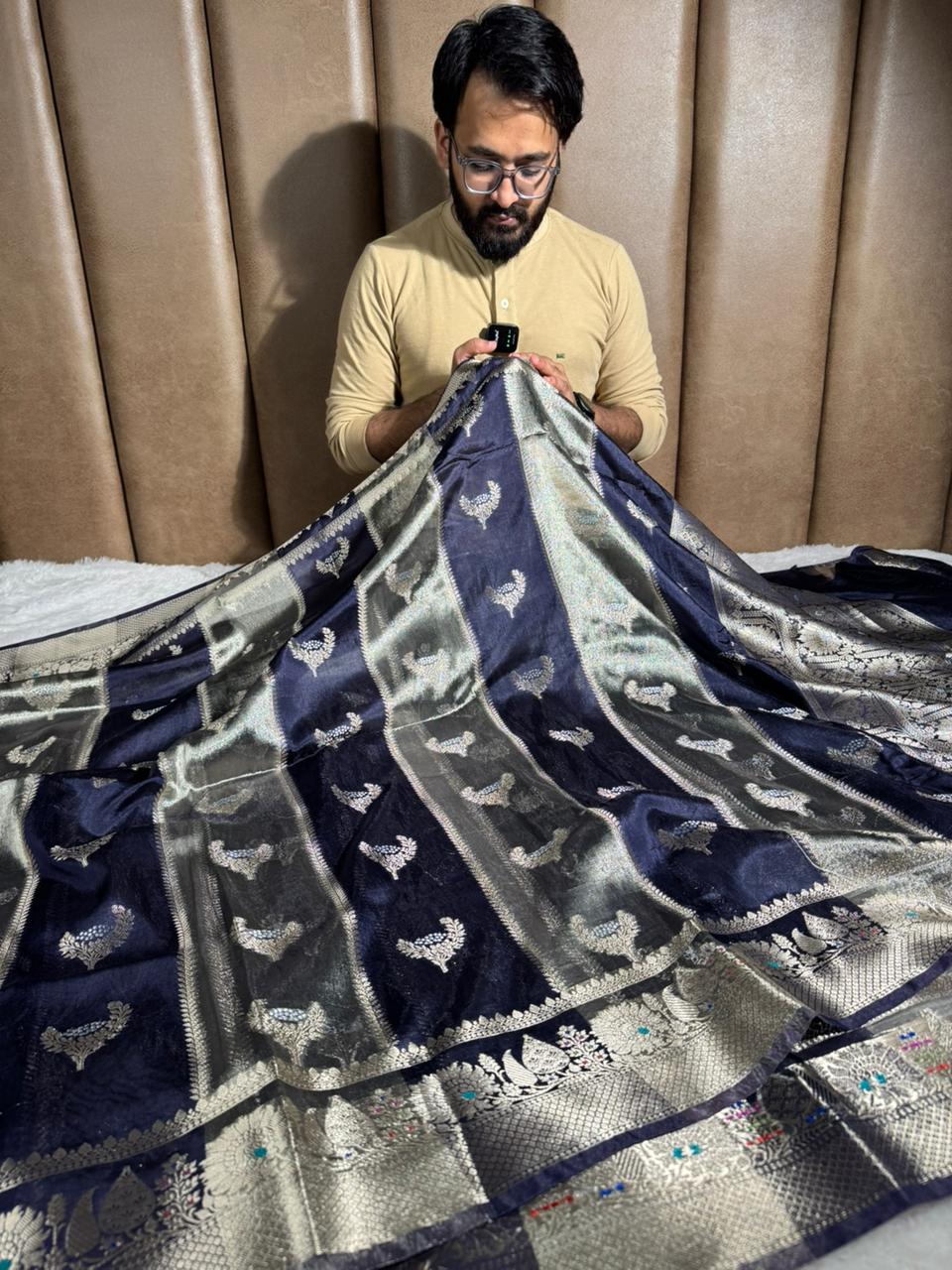 Navy Blue Rare Chinia Tissue Heritage Banarasi Saree