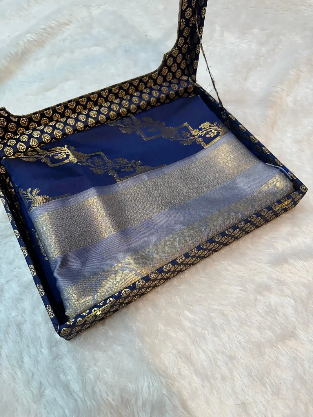 Navy Blue Semi Katan Silk Leheriya Pattern Banarasi Saree