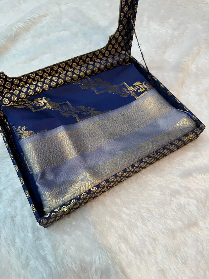 Navy Blue Semi Katan Silk Leheriya Pattern Banarasi Saree