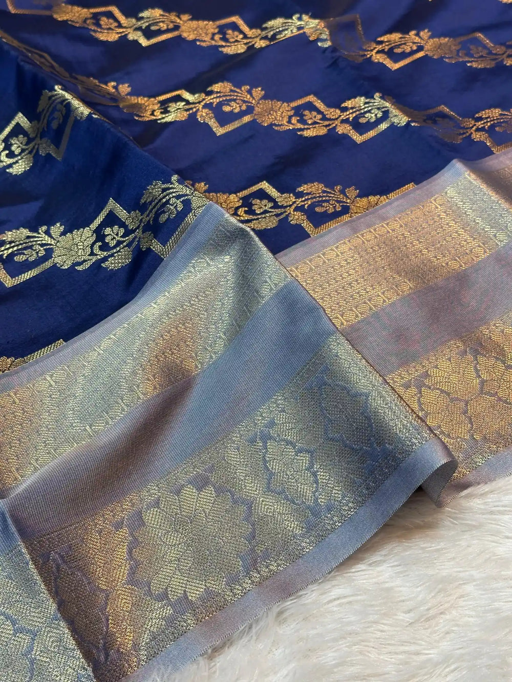 Navy Blue Semi Katan Silk Leheriya Pattern Banarasi Saree