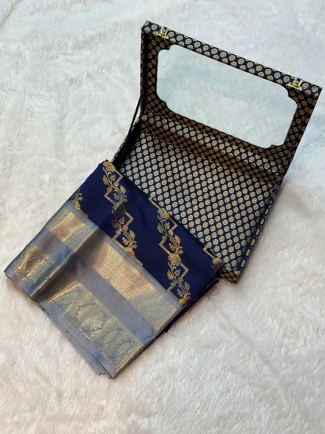 Navy Blue Semi Katan Silk Leheriya Pattern Banarasi Saree