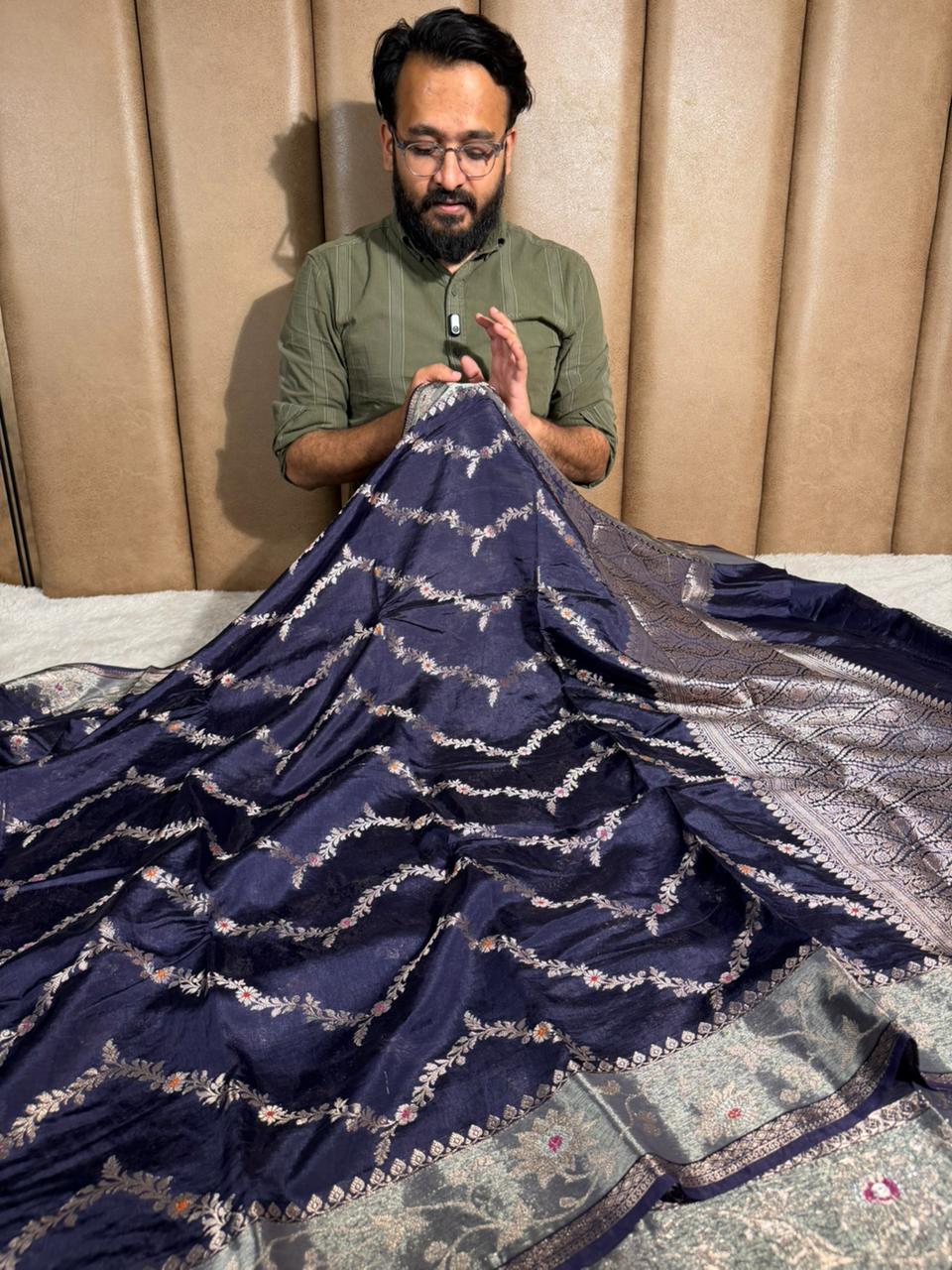 Navy Blue chinia silk meenakari banarasi saree