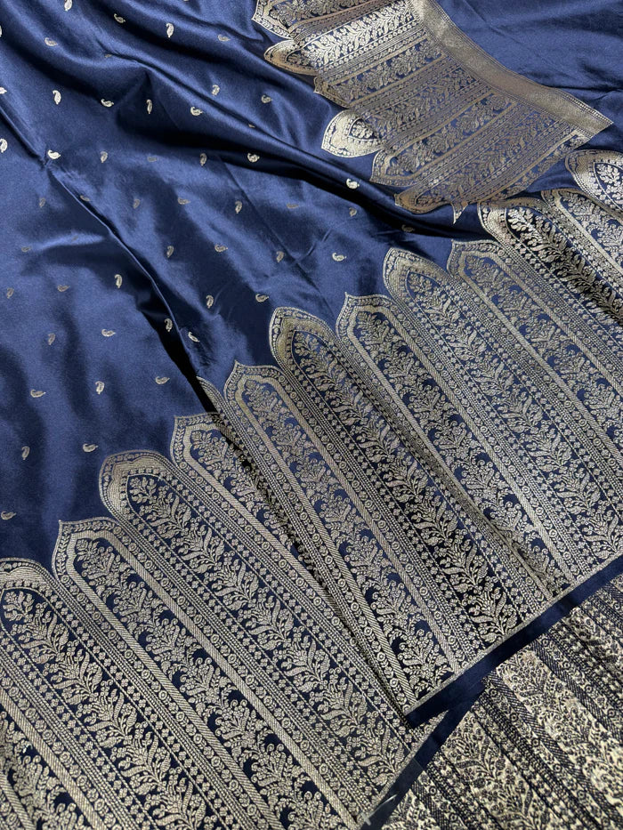 Navy Blue Heritage Mashru Katan Banarasi Saree