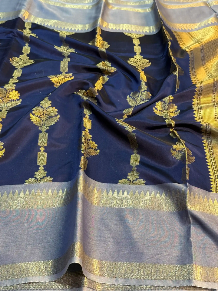 Navy blue heritage semi Katan silk Banarasi saree