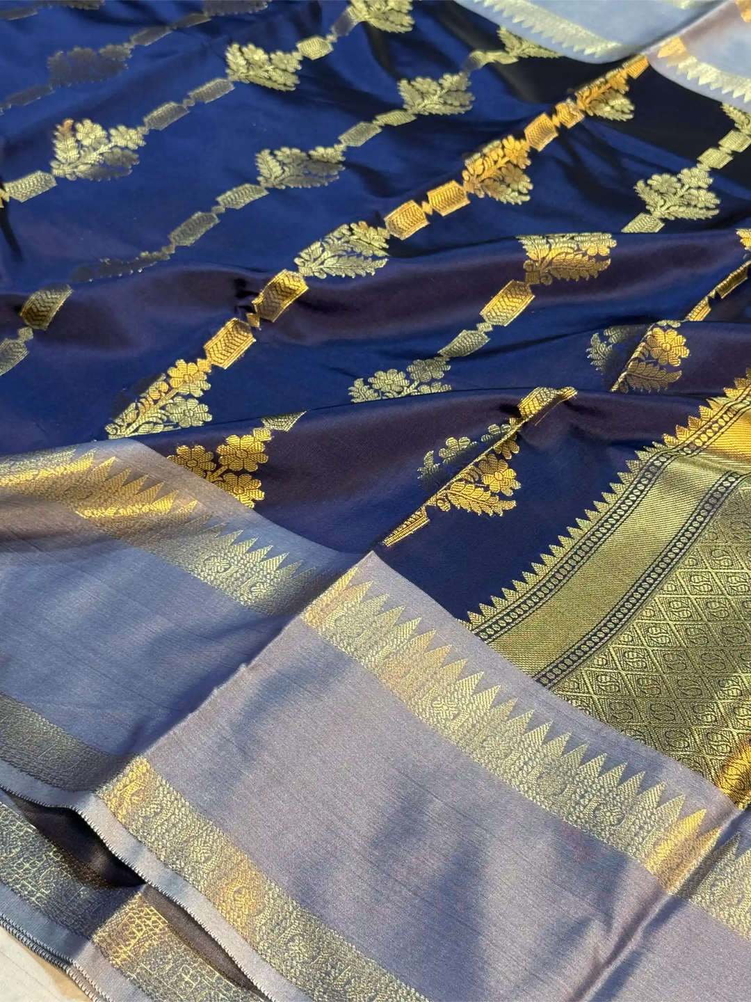 Navy blue heritage semi Katan silk Banarasi saree