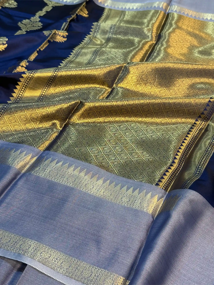 Navy blue heritage semi Katan silk Banarasi saree