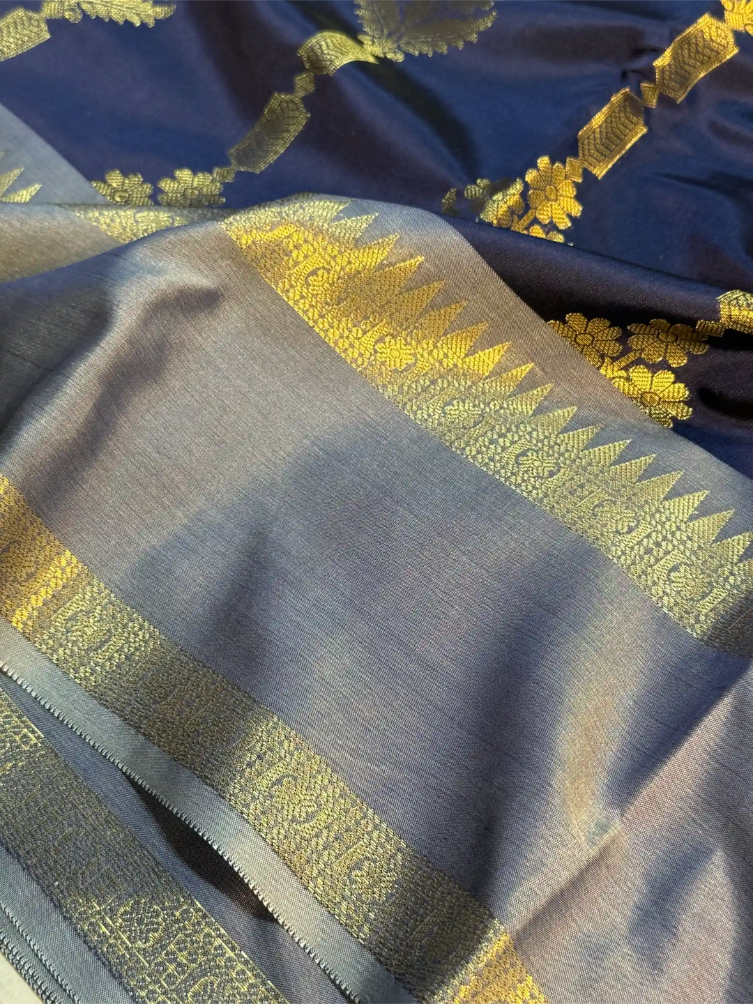 Navy blue heritage semi Katan silk Banarasi saree
