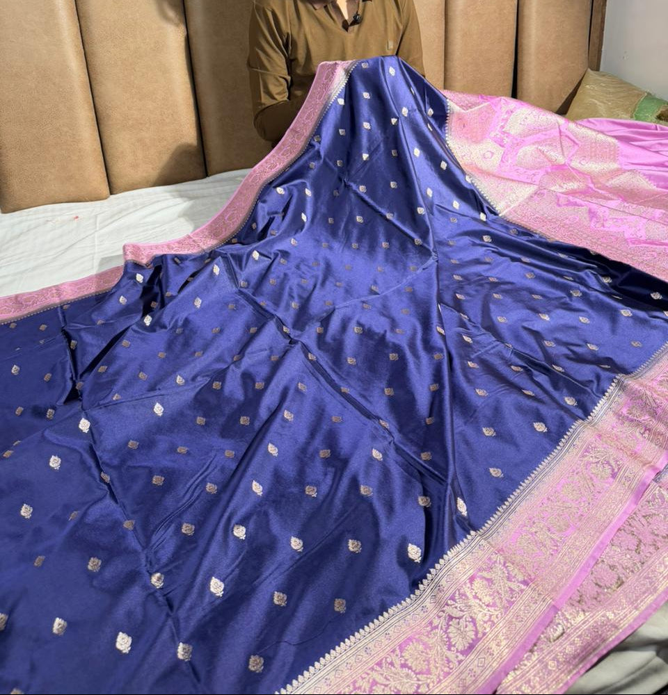 Navy blue pink traditional Mashru katan silk Banarasi